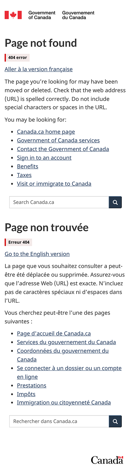 Page d'erreur 404 bilingue – petit écran. Version textuelle ci-dessous&nbsp;: