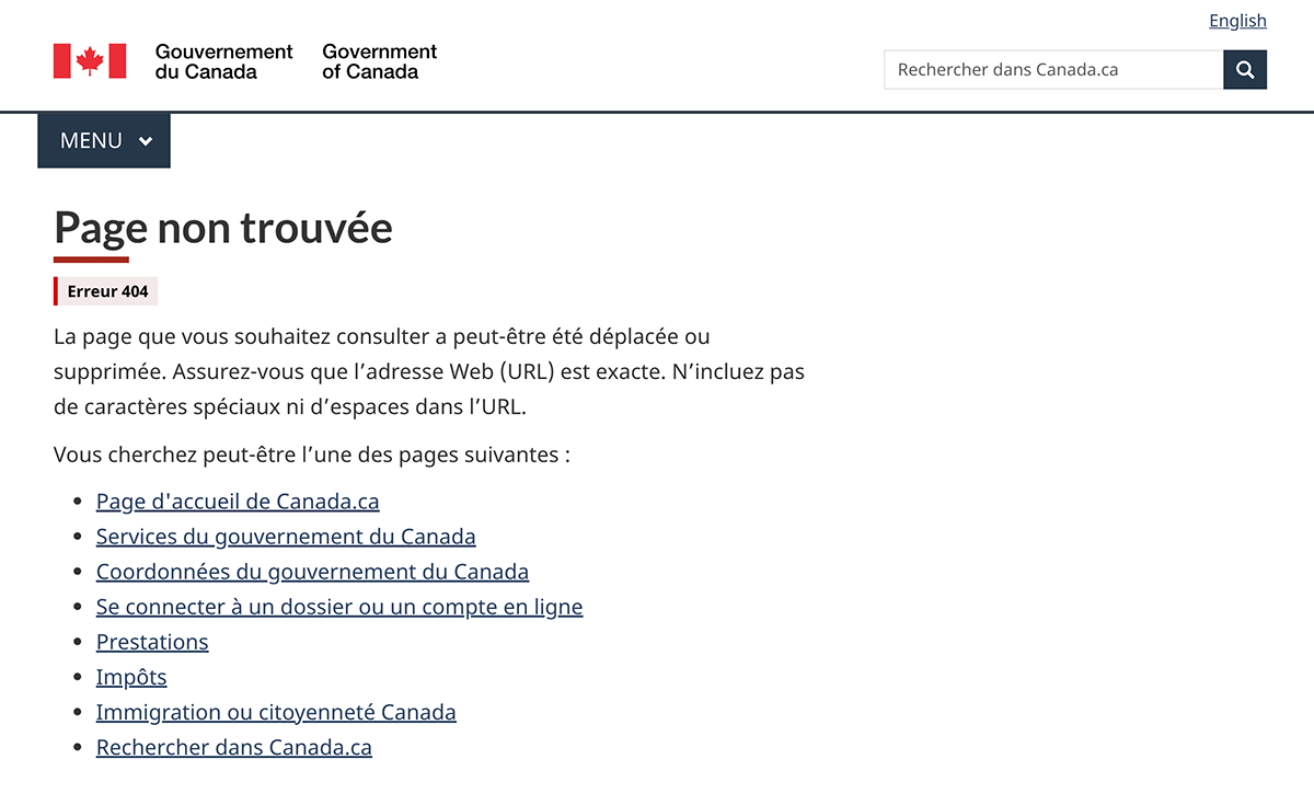 Page d'erreur 404 unilingue – grand écran. Version textuelle ci-dessous&nbsp;:
