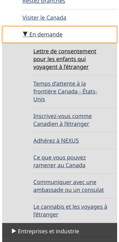 Image de la version petit écran du menu de navigation générale déclenchée par une action de l’utilisateur. Les liens du pied de page s’affichent au bas de l’écran.