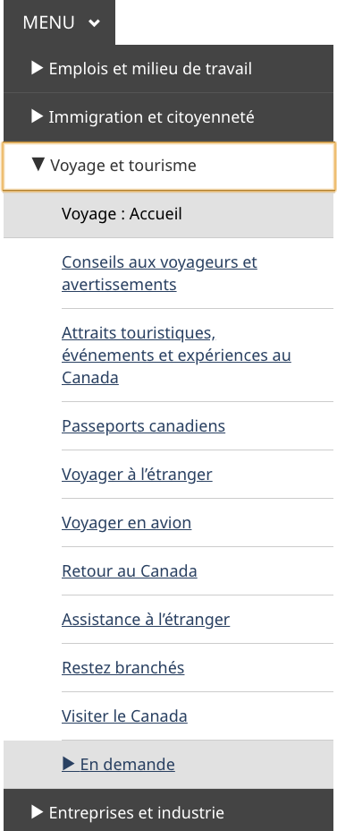 Image de la version petit écran du menu de navigation générale déclenché par une action de l’utilisateur. Le panneau montre le menu « Voyage » ouvert, avec « Entreprises et industrie » en-dessous.