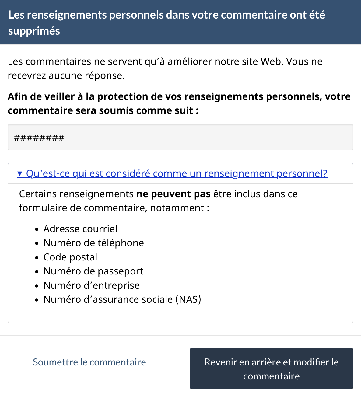 3. Affichage facultatif lorsque des renseignements personnels sont détectés dans le commentaire. Version texte ci-dessous :