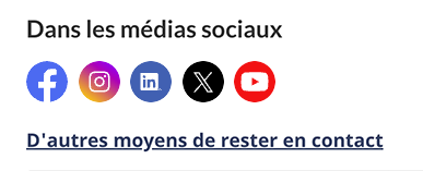 Chaînes de médias sociaux (affichage horizontal avec étiquettes et lien «&nbsp;D’autres moyens de rester en contact&nbsp;») pour les petits écrans. Version texte ci-dessous&nbsp;: