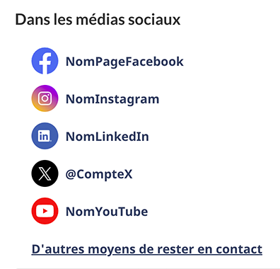 Chaînes de médias sociaux (affichage vertical avec étiquettes et lien «&nbsp;D’autres moyens de rester en contact&nbsp;») pour les petits écrans. Version texte ci-dessous&nbsp;: