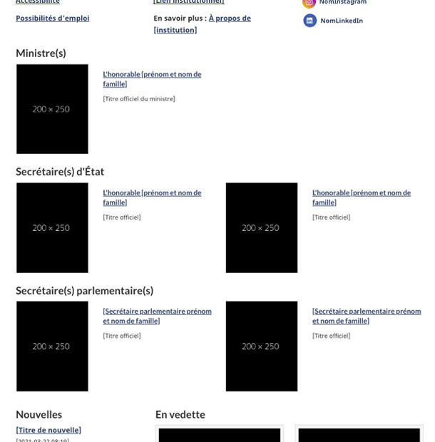 Configuration de conception pour un ministre et/ou secrétaire d’État et/ou secrétaire parlementaire pour les grands écrans. Version texte ci-dessous :