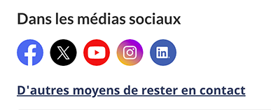 Chaînes de médias sociaux (affichage horizontale avec étiquettes et lien « D’autres moyens de rester en contact ») pour les petits écrans. Version texte ci-dessous :