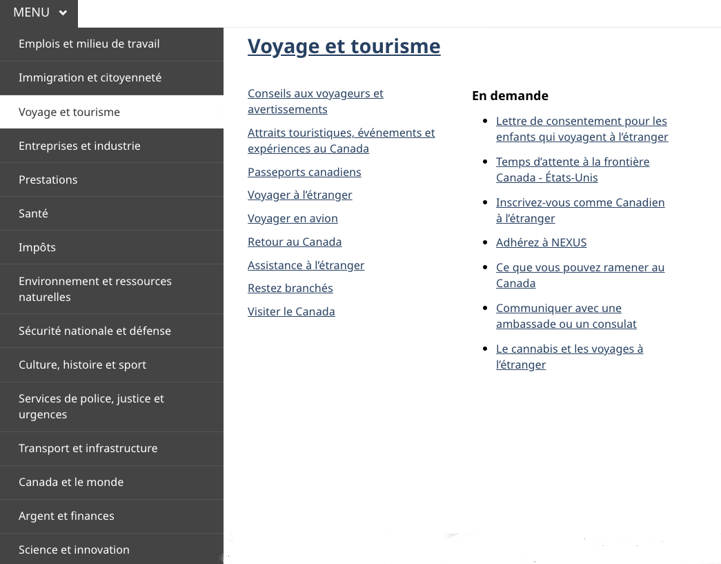 Image de la version grand écran de la navigation générale présentant le menu de navigation pour le thème « Voyage », qui fait apparaître 8 autres sujets lorsque le menu est ouvert.
