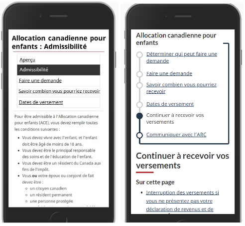 Capture d'écran de l'ancien et du nouveau modèle de conception avec les titres de pages adaptés