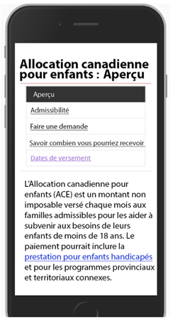 Capture d'écran de l'ancien modèle de navigation dans plusieurs pages ordonnées de l'allocation canadienne pour enfants