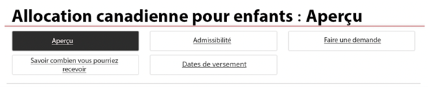 Capture d'écran du menu de navigation de l'allocation canadienne pour enfants