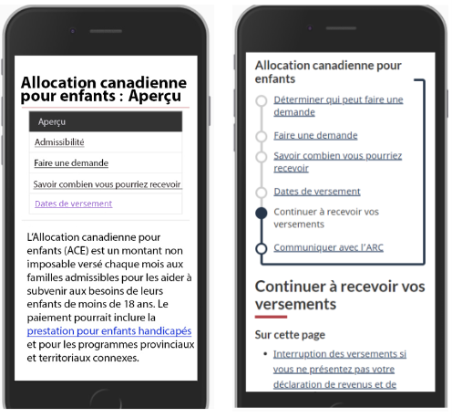 Capture d'écran de l'ancien modèle de navigation dans plusieurs pages ordonnées et du nouveau modèle de navigation de style métro de l'allocation canadienne pour enfants