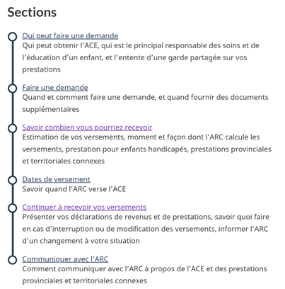 Capture d'écran du modèle de navigation de style métro de l'allocation canadienne pour enfants